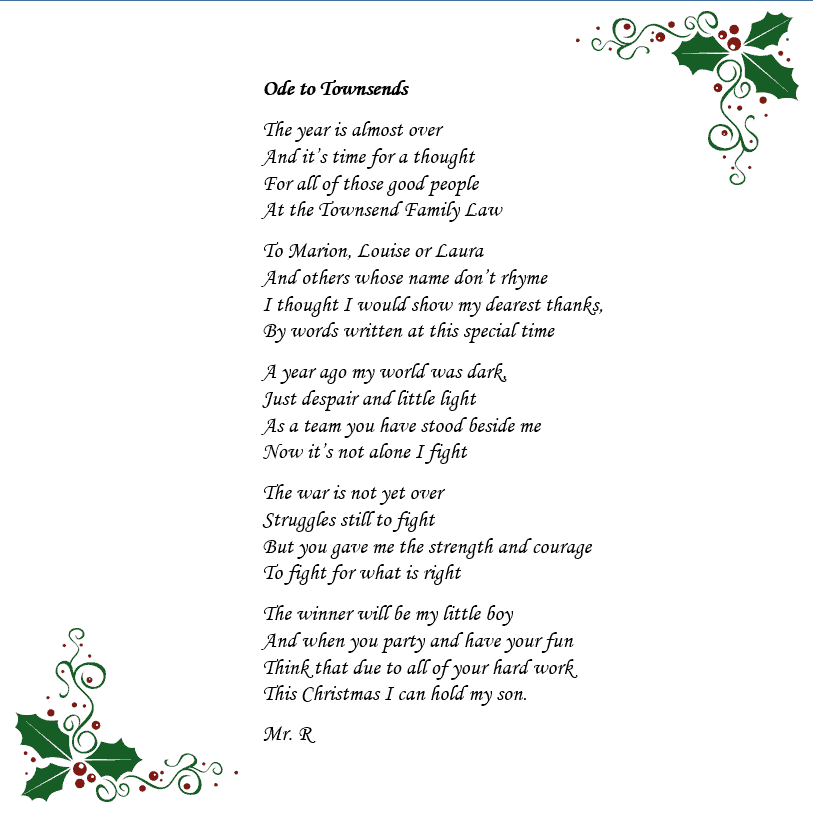 Townsend Family Law | Divorce Solicitors | Ode to Townsends – A lovely Christmas poem written by one of our clients
